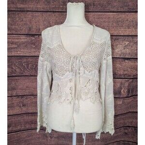 Cream Fairy Knit Cropped Bell Sleeve Corset Lace Up Cardigan Size Sm Cottagecore